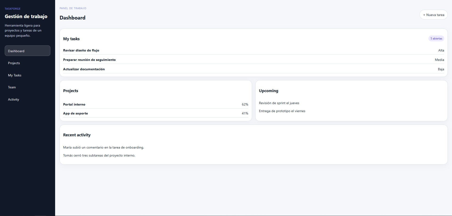 Vista previa del proyecto TaskForge
